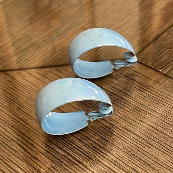 Vintage Pale Blue Iridescent Clip Hoop Earrings - Picture 3 of 14